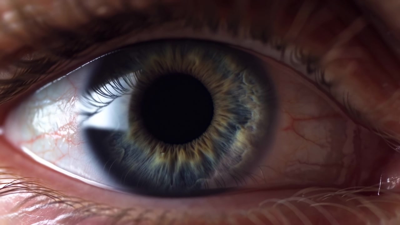 Extreme macro view holds on an open eye while the view slowly pulls back, showing detailed iris fibers, visible sclera vessels, eyelashes, eyelid texture, and a rectangular light reflection.