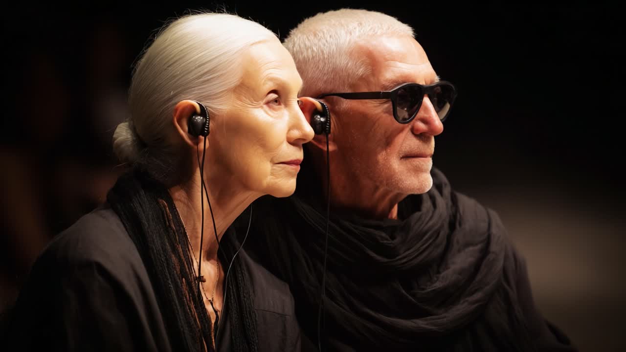 Coppia elegante che ascolta musica insieme: una connessione senza tempo catturata in un momento di intimità e stile, che mette in mostra la loro moda unica e l'esperienza condivisa attraverso le cuffie