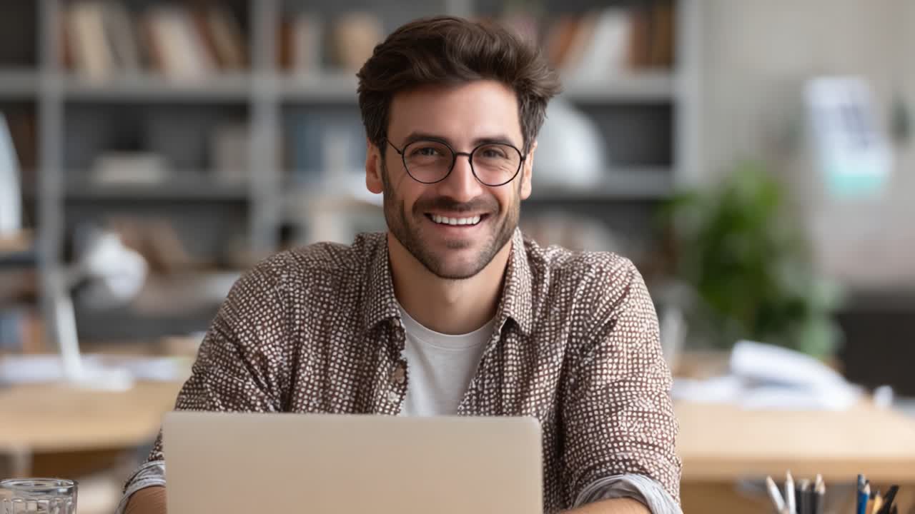Cheerful young man with glasses smiling at the camera while working on a laptop in a cozy, modern workspace filled with books and plants, exuding positivity and professionalism