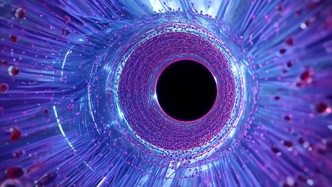 Camera moving in void toward magenta toroid, showing filaments with red beads and revealing void