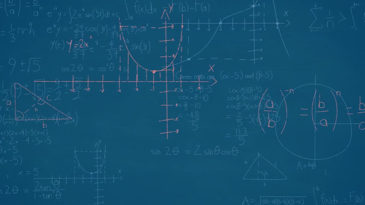 animación de ecuaciones matemáticas y diagramas flotando contra un fondo azul