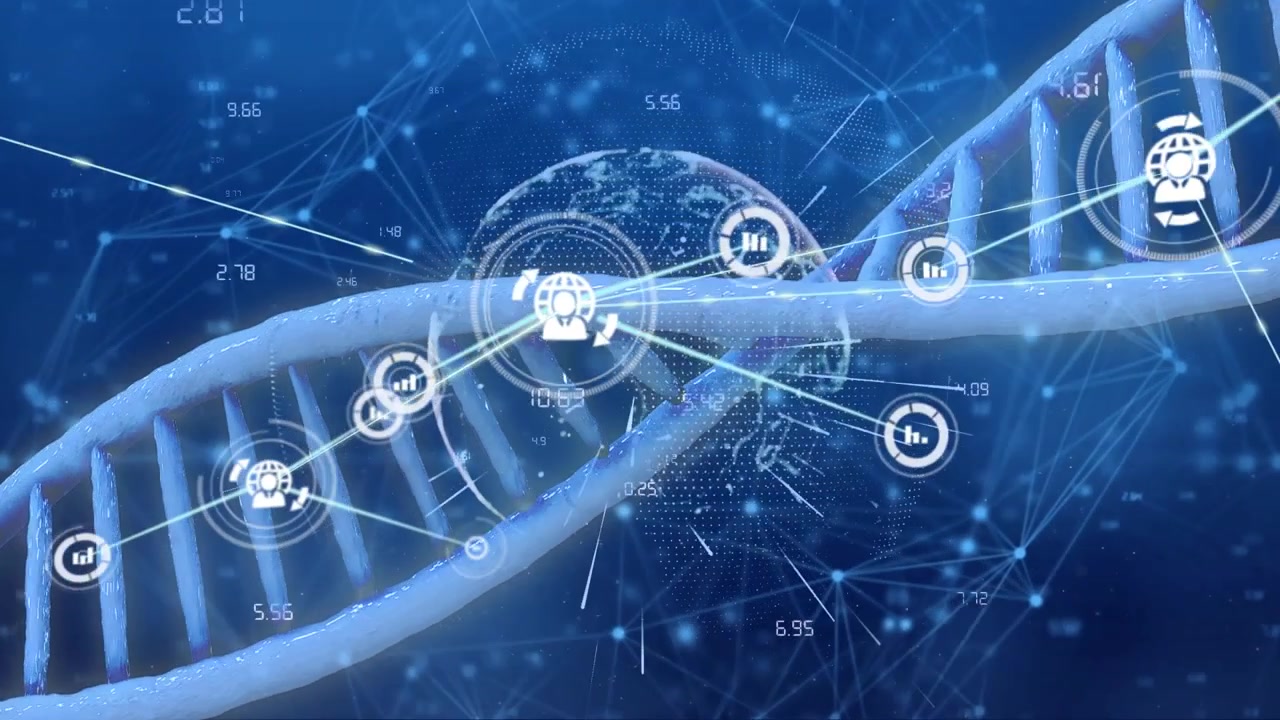 Animation of network of connections over dna strand and globe