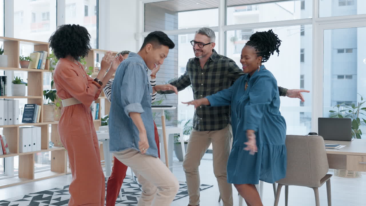 Happy, celebration and designers dance