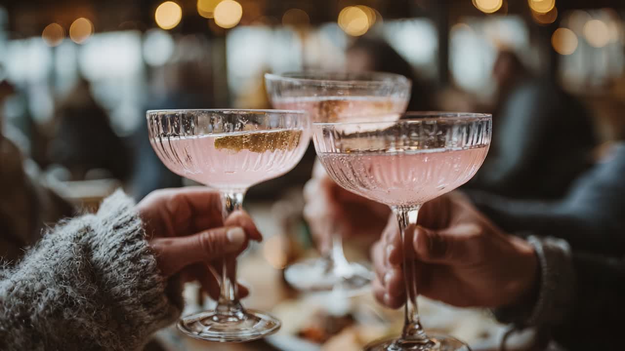 Sammen om festlighederne: En skål med elegante, lyserøde cocktails i hyggelige omgivelser, der symboliserer venskab, glæde og uforglemmelige øjeblikke i en livlig atmosfære