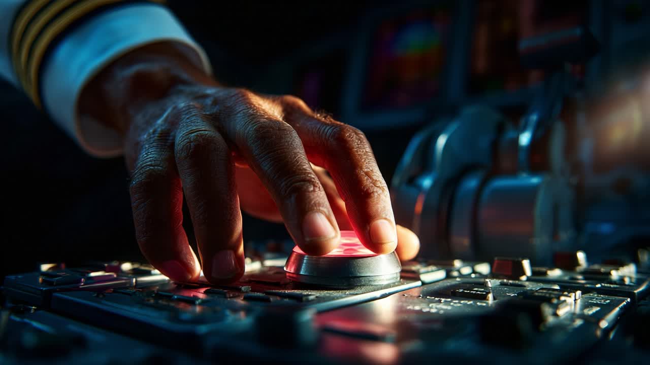 A Pilot's Hand Interacting with Control Panel Buttons in a Cockpit During Flight, Highlighting the Precision and Focus Required for Safe Navigation and Operation