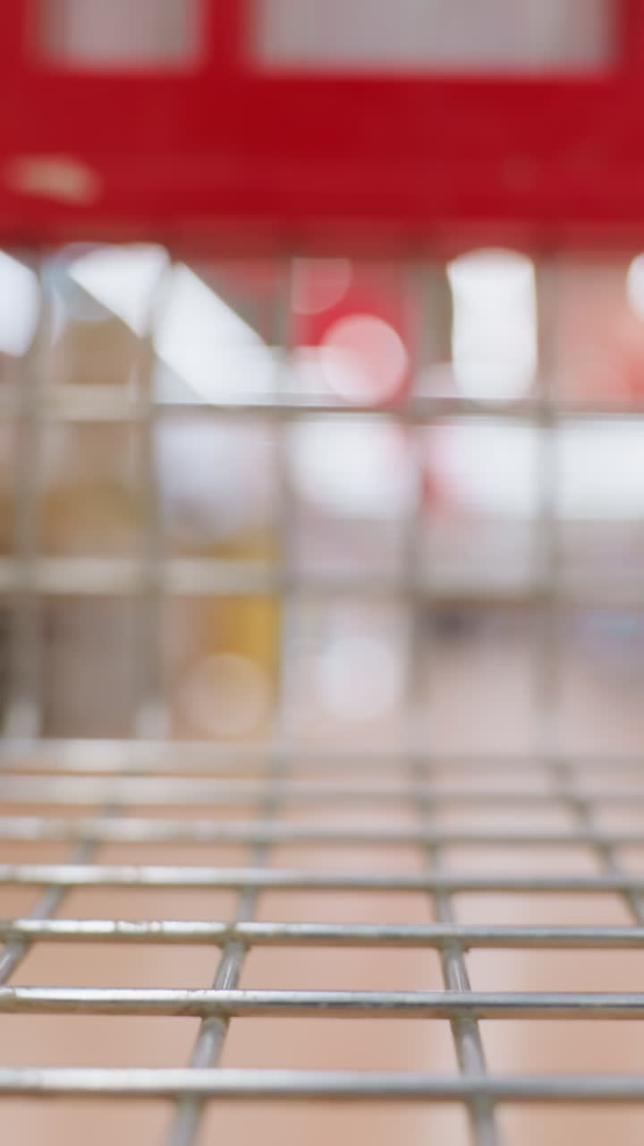 un carrito de compras en movimiento dentro de un centro comercial, mostrando la cuadrícula metálica del carrito y el fondo borroso del interior del centro comercial. capturado con una cámara de mano
