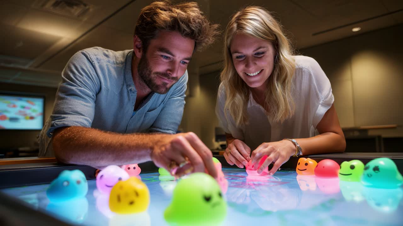 Engaging Playtime with Colorful Interactive Figures at a Workshop: Two Friends Enjoying Creative Learning through Playful Exploration and Digital Interaction in a Collaborative Environment
