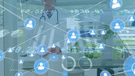 Animation-of-network-of-profile-icons-and-data-processing-over-caucasian-male-doctor-at-hospital