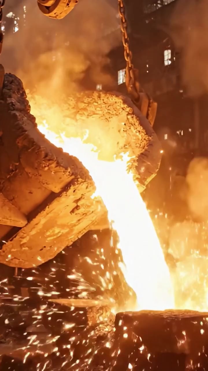 Metallo fuso che scorre negli stampi: Un affascinante processo di fusione industriale che mostra l'intenso calore e l'energia della lavorazione dei metalli in azione.