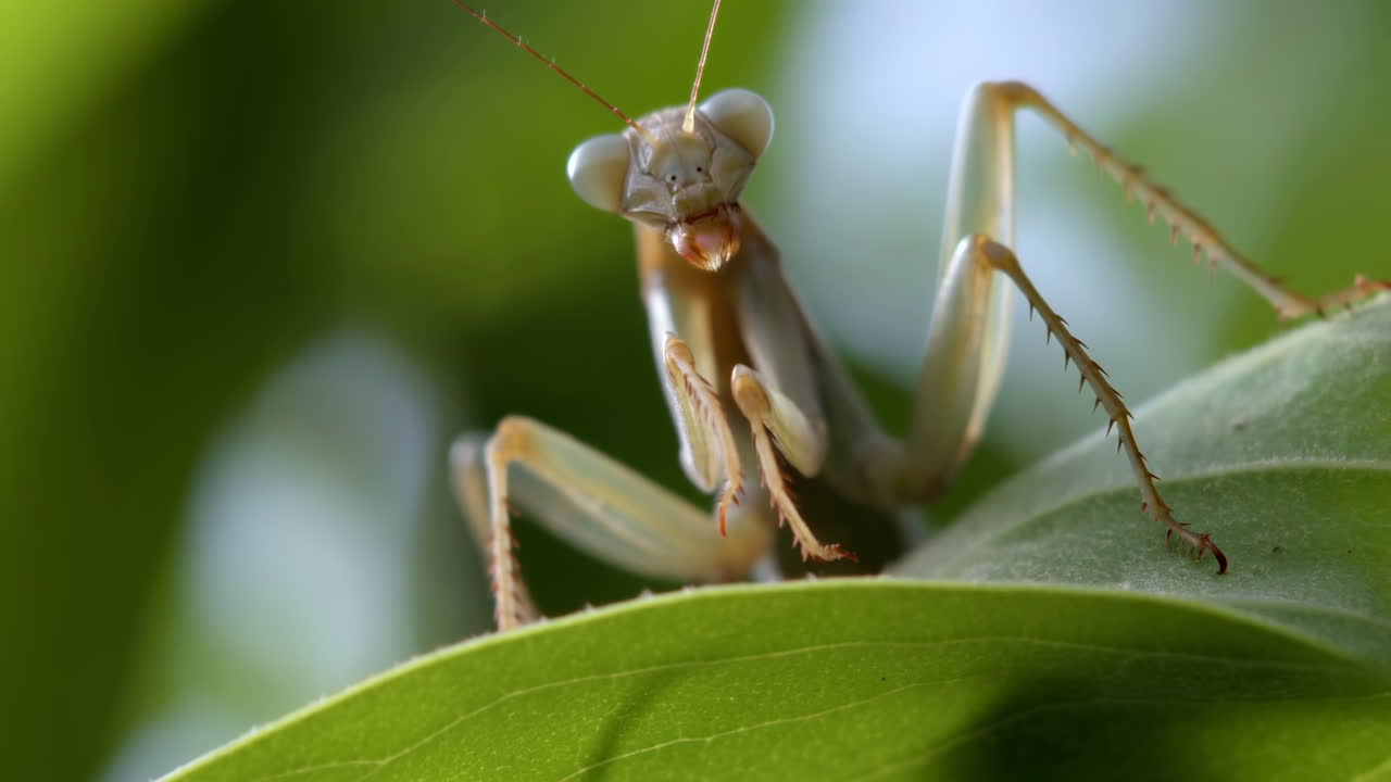 Primo piano di mantide religiosa su foglia, sguardo curioso e zampe anteriori sollevate, nitido dettaglio macro degli occhi composti.