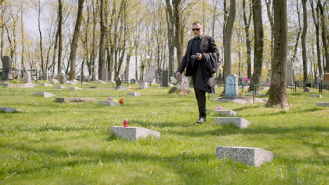 hombre triste con traje negro caminando en un cementerio, quitándose las gafas de sol y colocando una flor blanca en una lápida