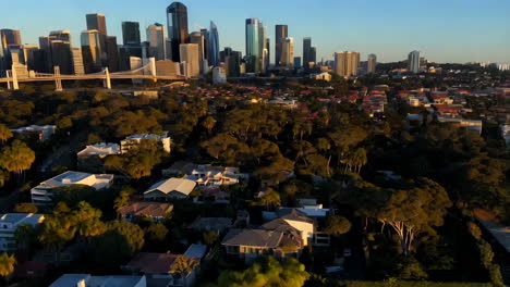 aerial view of a suburban area with city skyline