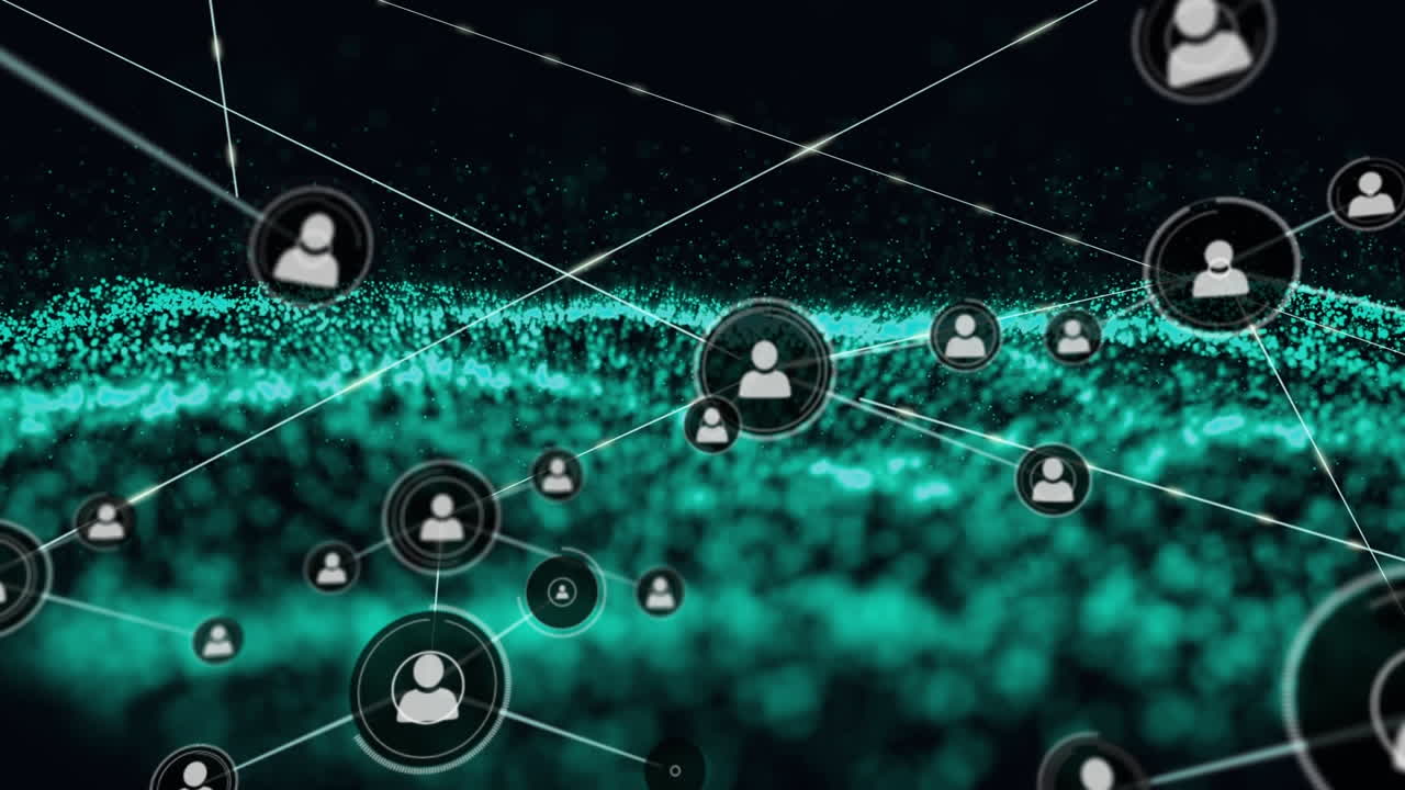 Animation of network of connections with digital people icons over green mesh