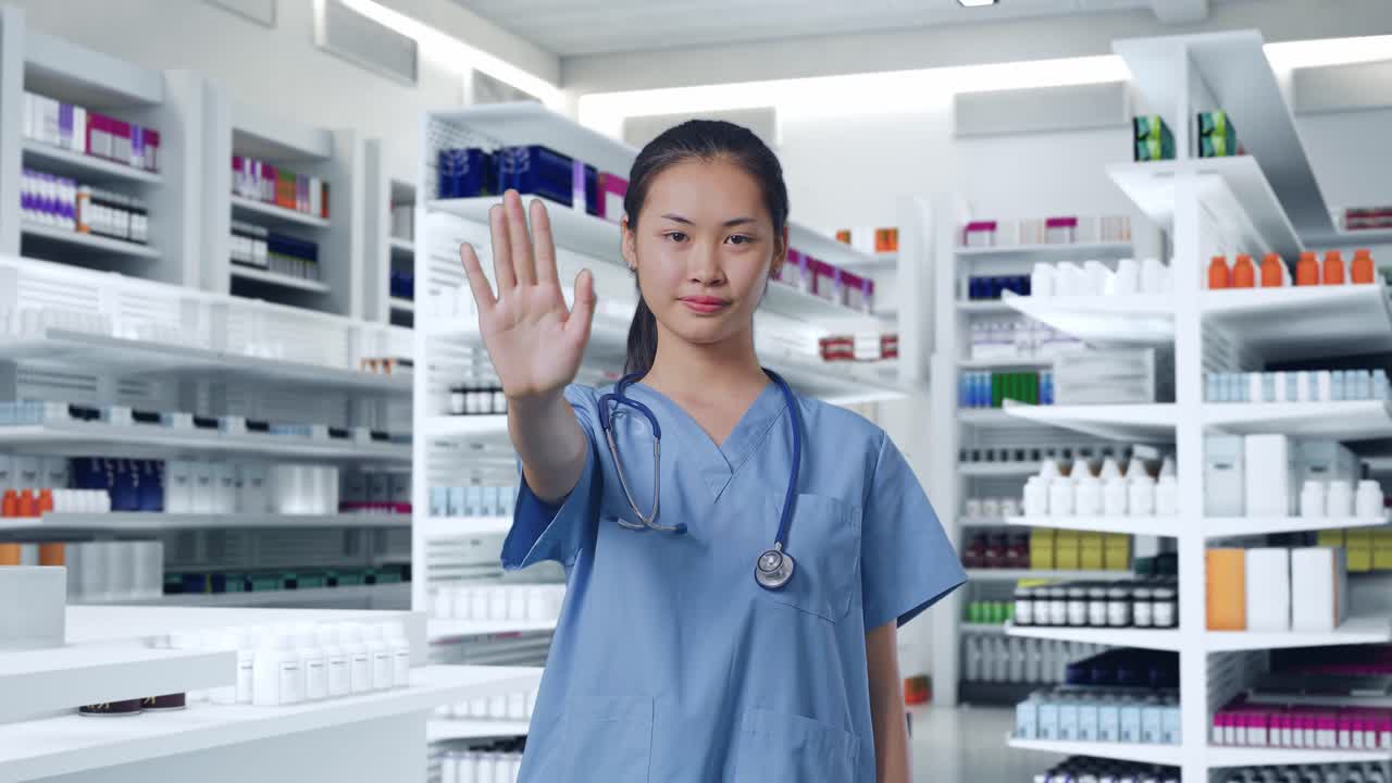 약국에서 '아니요'라는 제스처를 하는 약사