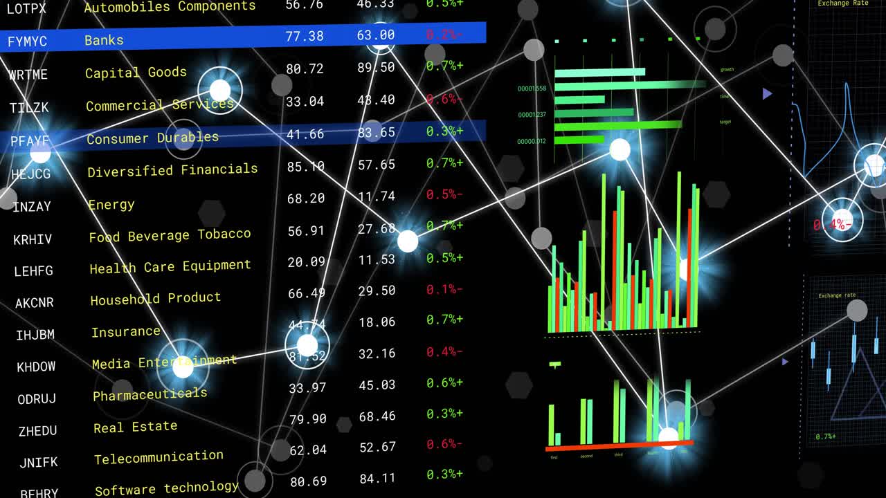 Animation of financial data processing over statistics and network of connections