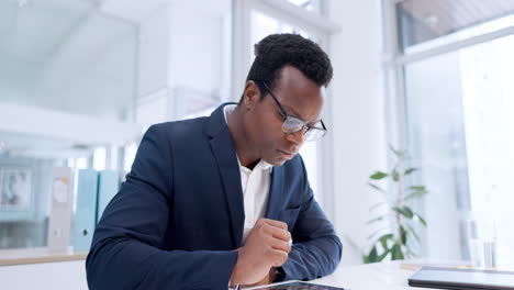 business, black man and scroll on tablet in office