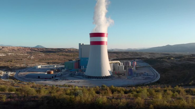 Drone flying towards coal fired power station steam smoke chimney tilt up Sunset