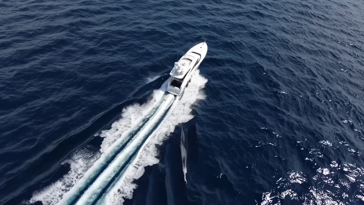 Aerial video captures a sleek yacht cutting through deep blue ocean waters, showcasing luxury