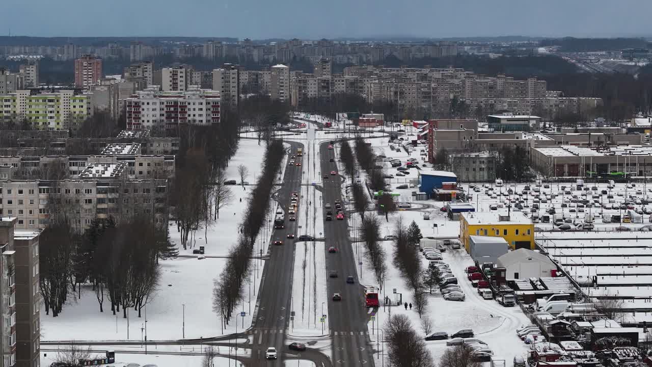 Snowing in the soviet city of Kaunas, Lithuania. Aerial view