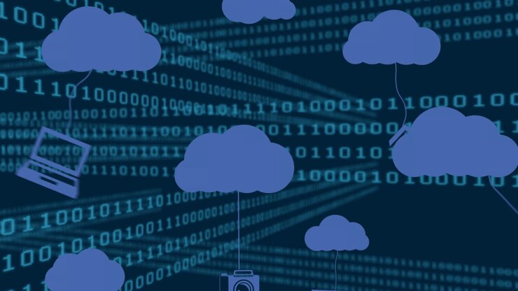 Animation of cloud icons and data processing over dark background