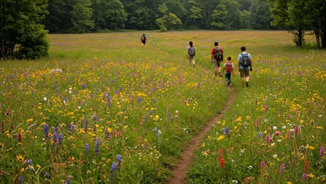 A Serene Nature Walk Through a Vibrant Wildflower Meadow: Capturing the Essence of Family Adventure and Exploration in the Great Outdoors