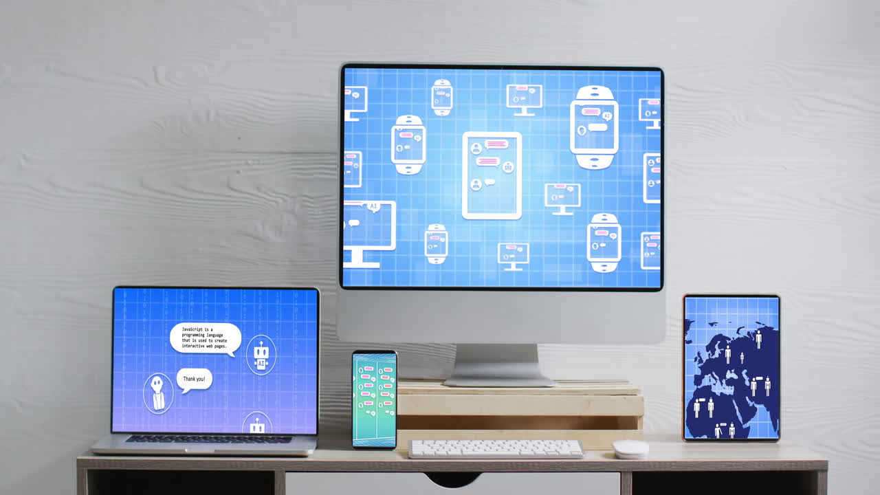 컴퓨터, 노트북, 태블릿 및 스마트 폰은 사무실의 화면에 데이터 처리를 가지고 있습니다.