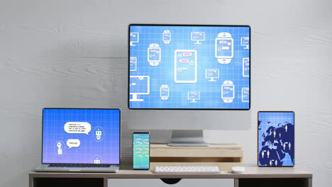 computadora, portátil, tableta y teléfono inteligente con procesamiento de datos en pantallas en la oficina