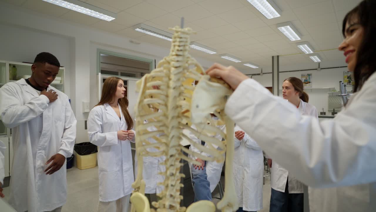 Students learning anatomy with a skeleton in a classroom