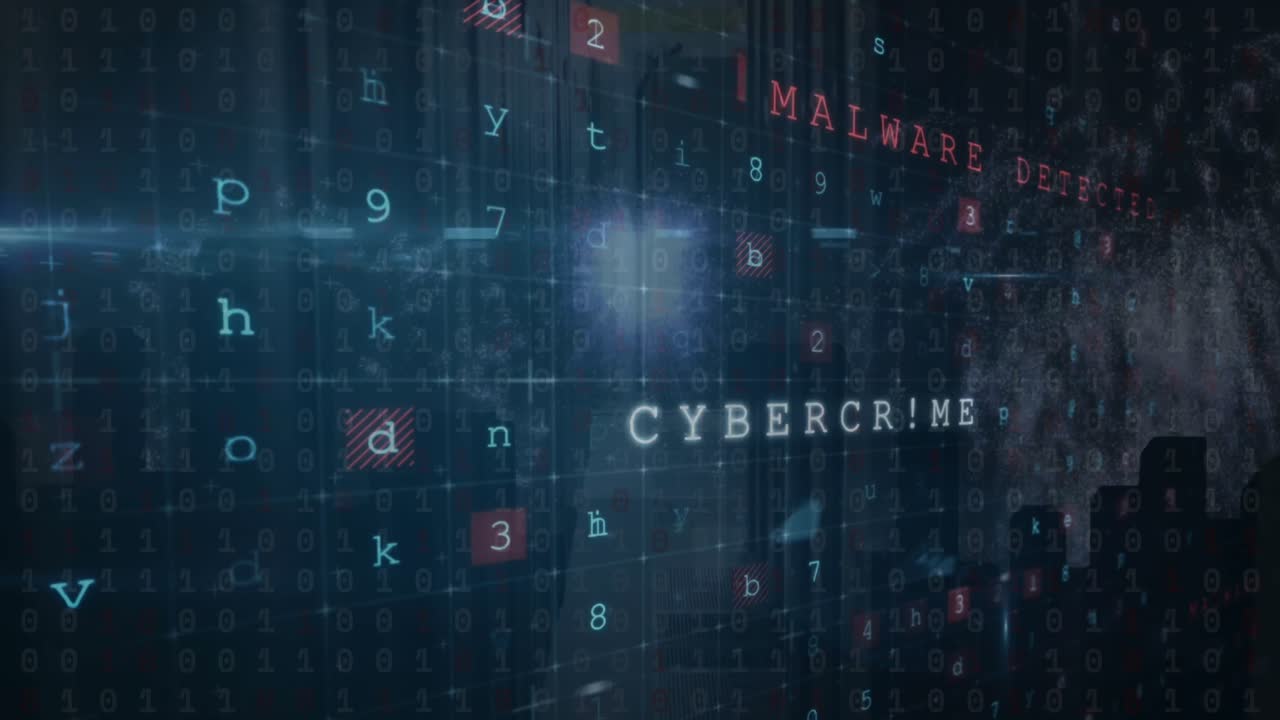 animación de texto de cibercrimen y procesamiento de datos.