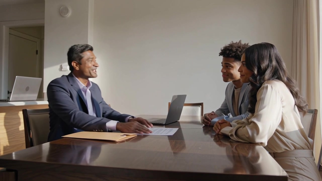 Opening laptop agent in suit pointing at paperwork explaining loan terms to clients at dining table