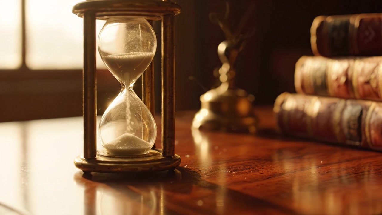 Una clessidra elegante che cattura il tempo con luce naturale e riflessi, circondata da libri antichi su un tavolo di legno lucidato in una stanza accogliente.