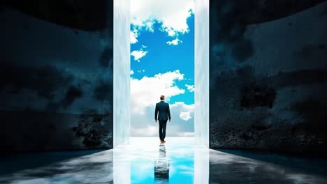 a man in a suit standing in an open doorway looking out at the sky