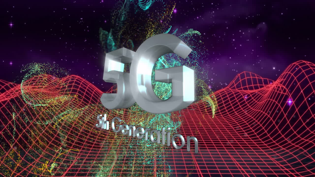 Digital landscape with colorful particles showing 5G animation in background