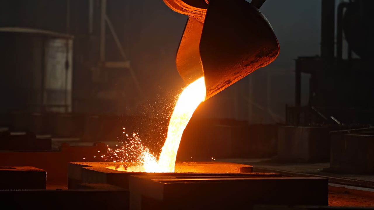 Molten Metal Pouring Into Steel Molds, Glowing Orange Stream Flows From Tilted Ladle Into Casting Pit, Sparks