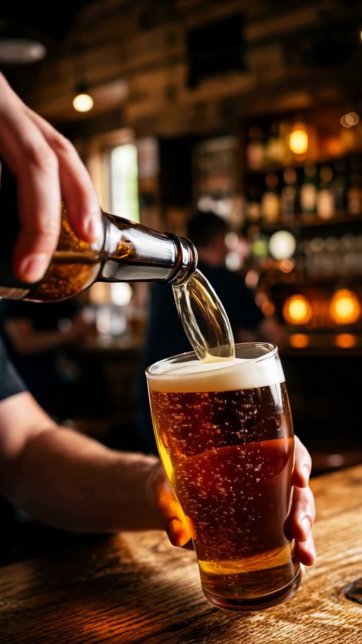 Vista ravvicinata di birra ambrata che scorre da una bottiglia marrone inclinata in un bicchiere da pinta trasparente su un bancone di legno rustico, con un flusso costante, la schiuma che si forma, bollicine che salgono, luce calda da pub e atmosfera rustica.