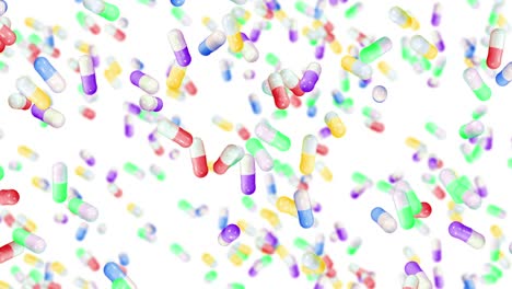 volando muchas cápsulas médicas en fondo blanco. concepto de medicina y farmacia. animación 3d de coloridas cápsulas de pastillas girando. animación de bucle.