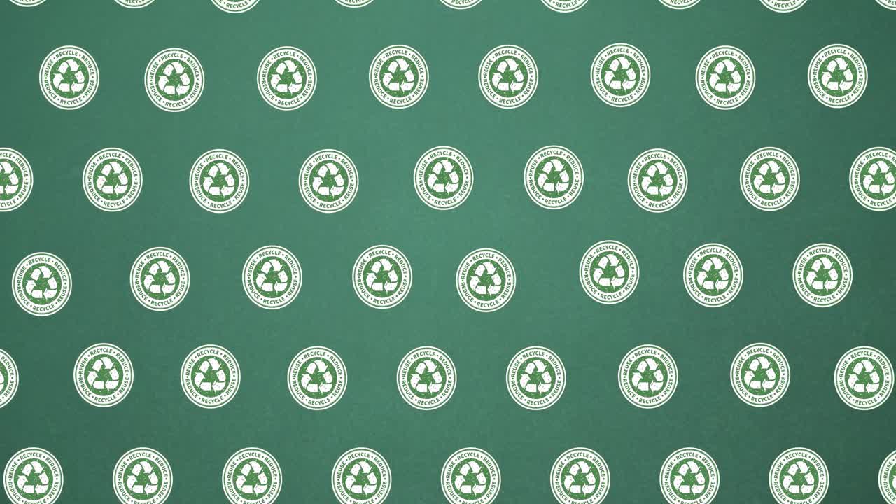Animation of multiple falling recycling text and logos on dark green background