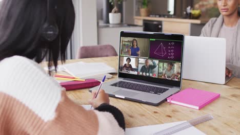 Animation-of-middle-eastern-girl-in-headphones-having-online-lessons-on-laptop-at-home