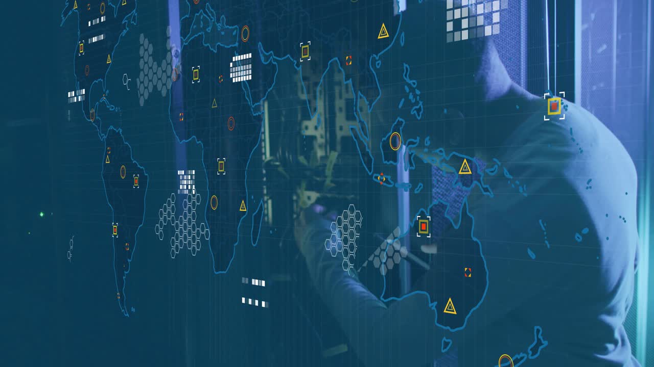 Network engineer diagnosing rack using smartphone, animating world map overlay with node alerts