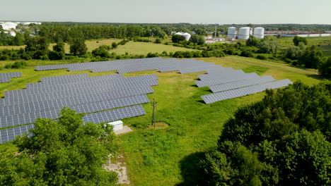 rural solar panel farm, green electricity power station alternative resource, aerial