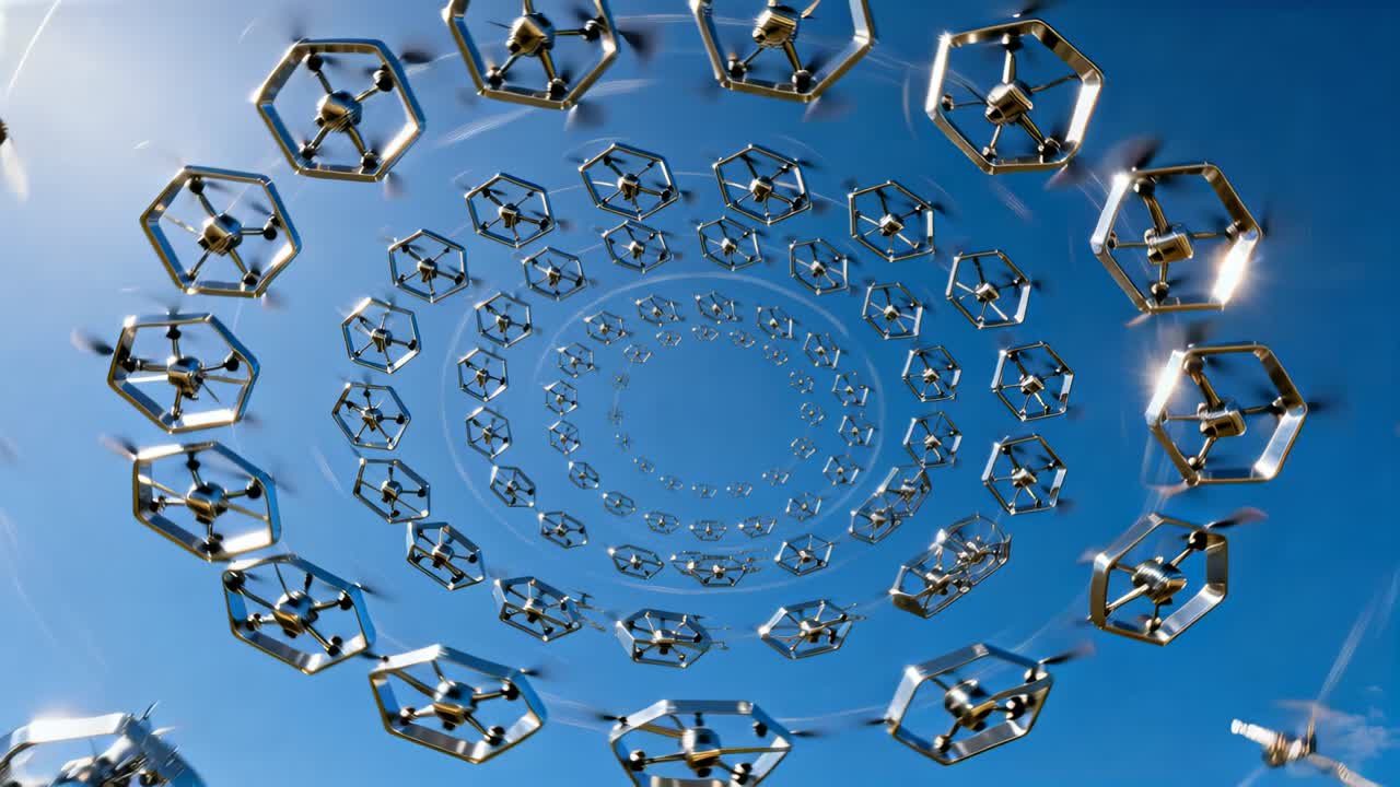 Rotating after signal starting, glinting ringed hex drones spiraling overhead in blue sky