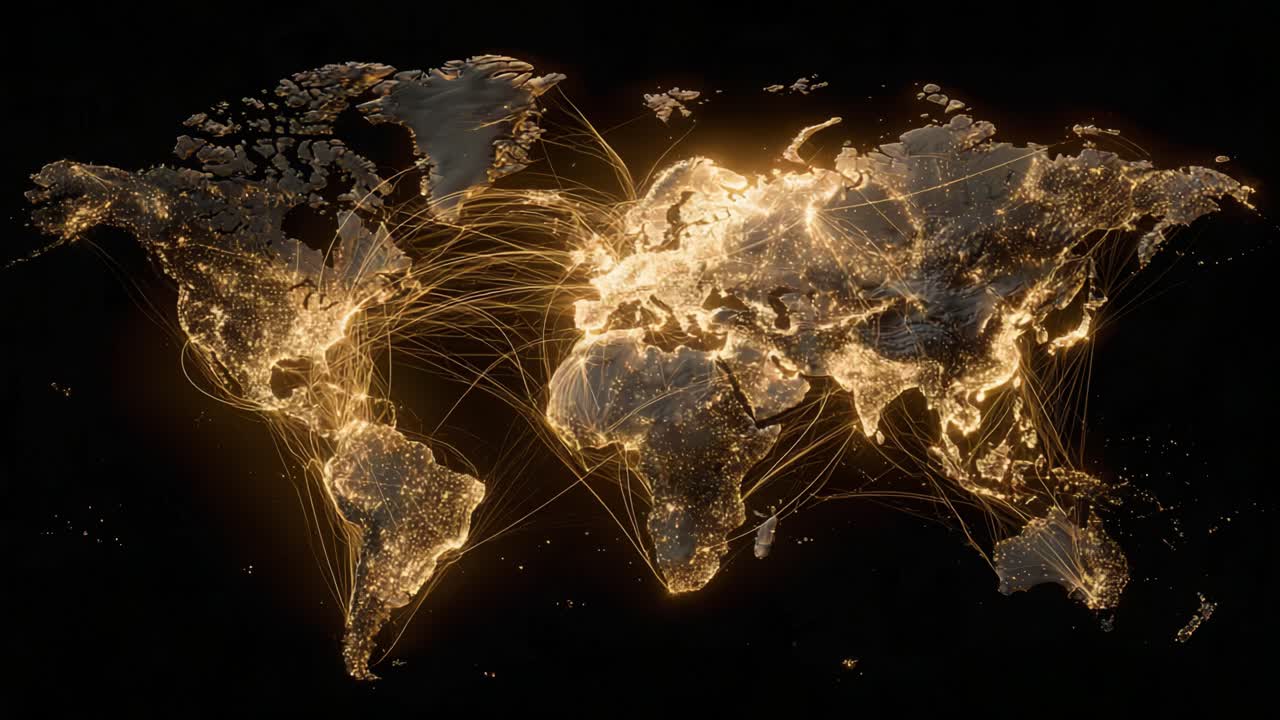 Luminous world map with glowing city lights and fading intercontinental connection lines on a dark background, symbolizing global business, communication, travel and technology