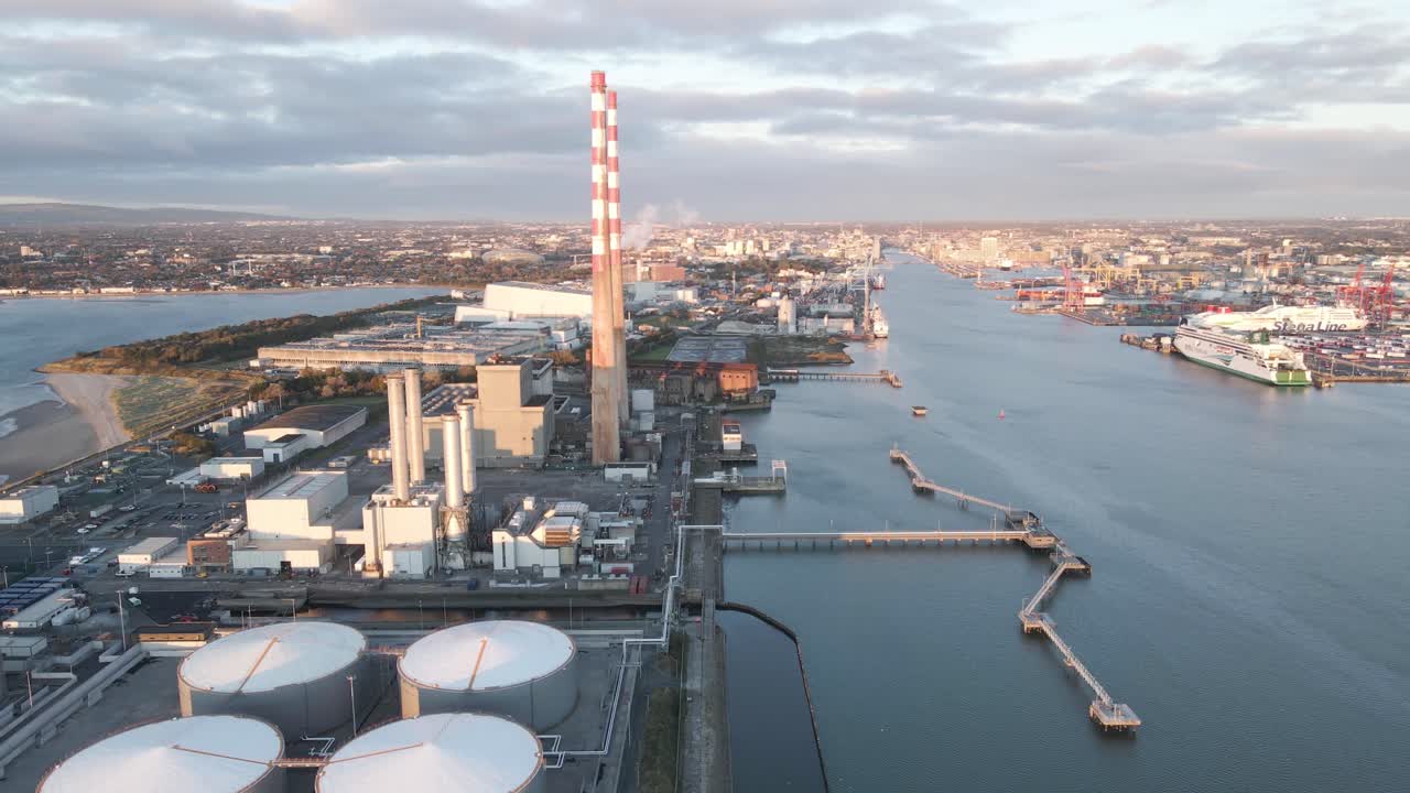Old Coal Power Plant In Port Of Dublin, Ireland - Aerial Drone Shot