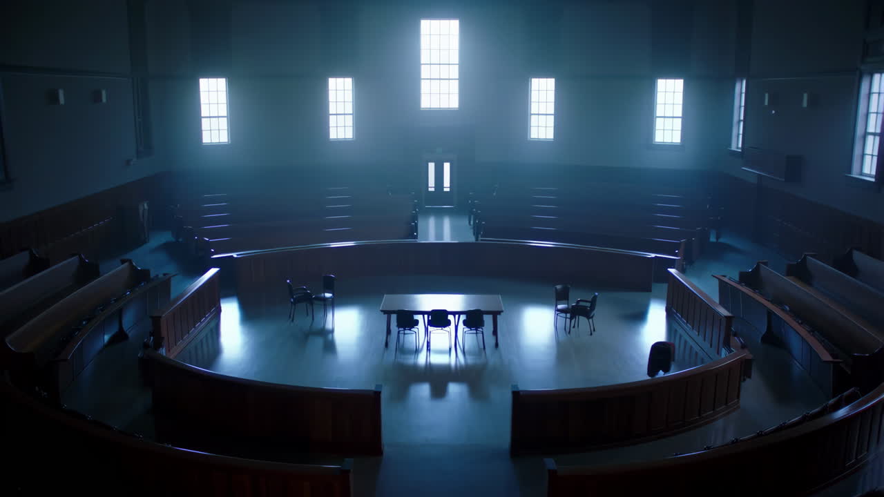 Empty lecture hall or courtroom with tiered seating and dramatic lighting