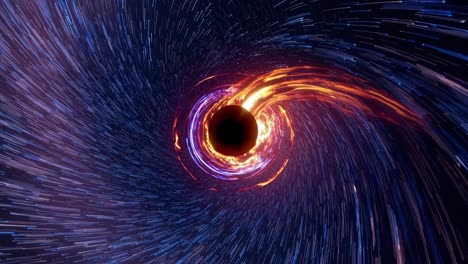 swirling cosmic vortex engulfs matter and energy into a black hole, surrounded by a vibrant display of light and color against a backdrop of distant stars