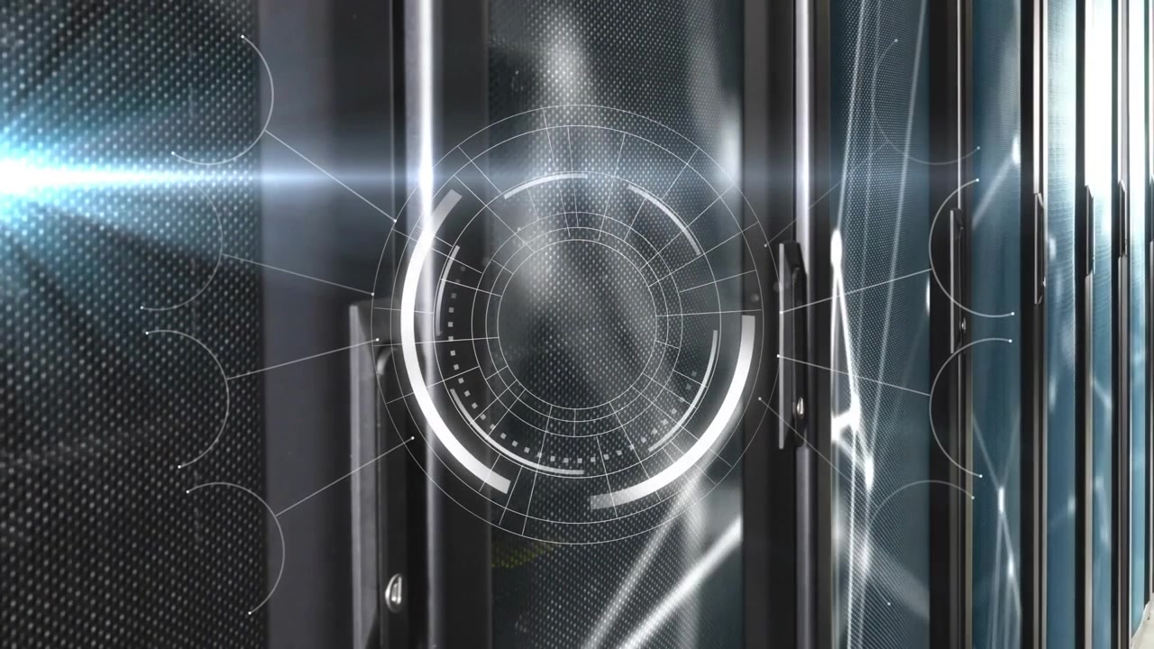 Vertical video: Rotating HUD scanning in bay, lens flare sweeping right starting scan across racks