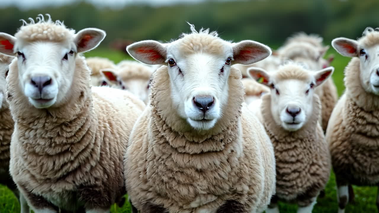 Flock of Sheep Grazing in Lush Green Pasture During Daylight. A group of sheep stands closely together in a green pasture under clear skies.