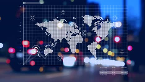 animación del procesamiento de datos y el mapa del mundo sobre la carretera