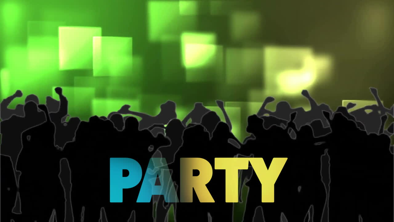 Animation of party text over fireworks and people dancing