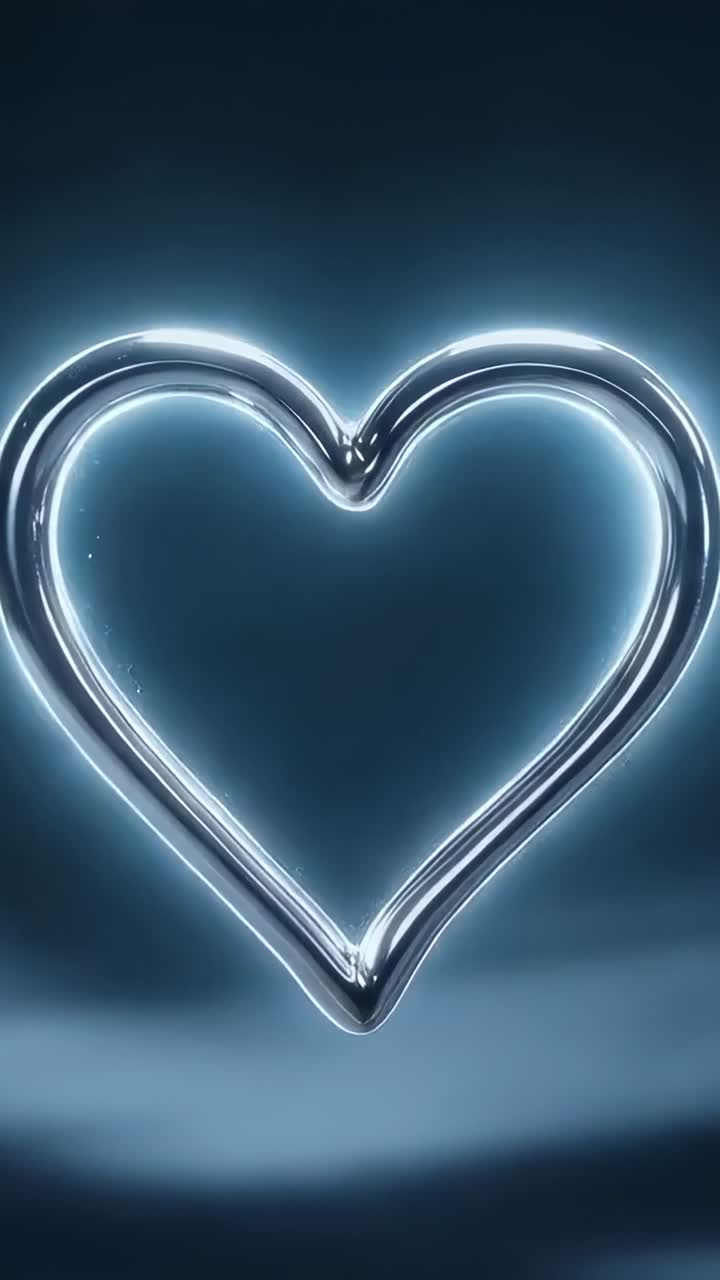 Video verticale: cuore di vetro con zoom della fotocamera che cresce in studio, increspature, alone al neon e scintille per una vista ravvicinata